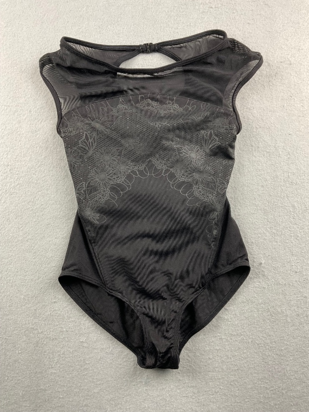 Girls Bloch Black Dance Leotard Mesh Top Floral Pattern Keyhole Back Size 8
